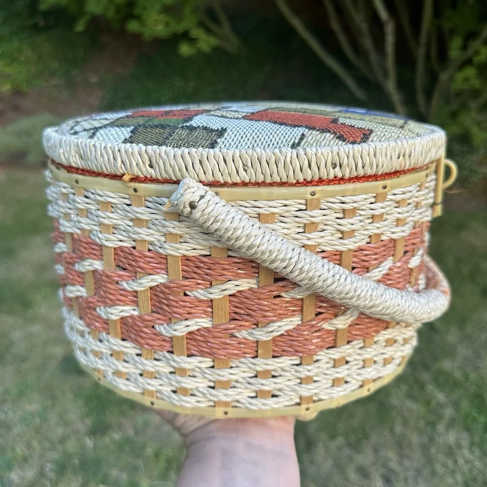 Vintage Wicker Sewing Basket Orange Satin Liner Japan Handle Woven Tapestry Lid